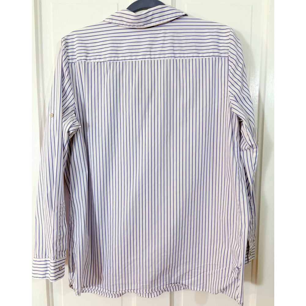 Calvin Klein Blouse Top L White Blue Stripe Nautical Tunic Roll Tab Sleeve Beach - Picture 5 of 5